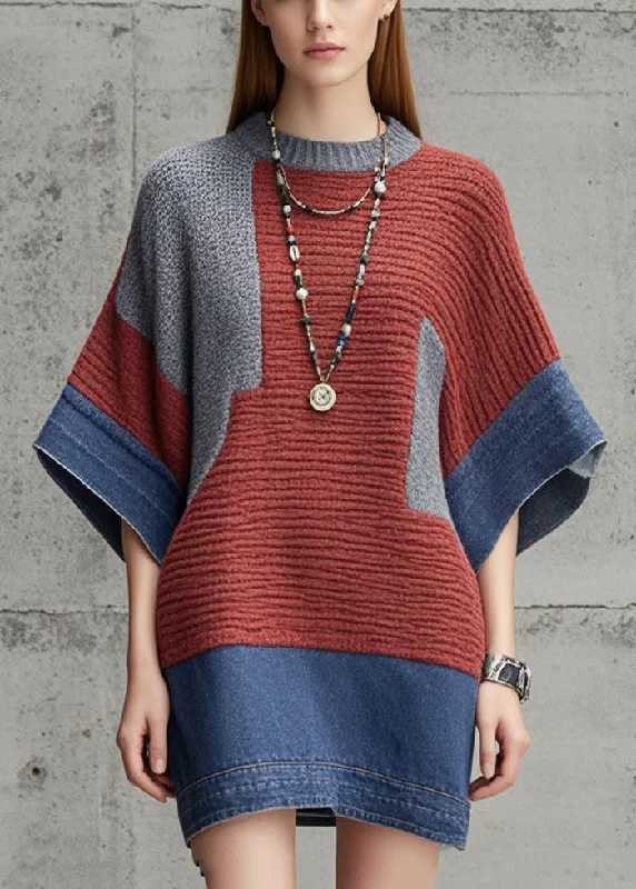 Plus Size Women's Fit - and - Flare Sweater Dresses with Ruffled HemSilm Fit Colorblock Patchwork Denim Sweater Dress Batwing Sleeve Plus Size Women's Fit - and - Flare Sweater Dresses with Ruffled HemSilm Fit Colorblock Patchwork Denim Sweater Dress Batwing Sleeve