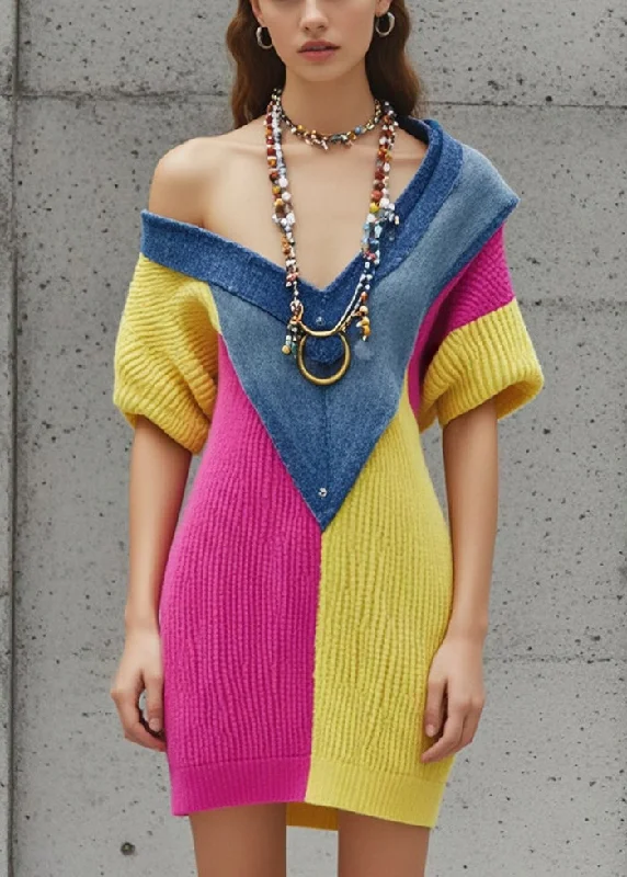 Midi - Length Women's Shetland Wool Sweater Dresses in Traditional PatternsSilm Fit Colorblock V Neck Patchwork Denim Knitted Dress Fall Midi - Length Women's Shetland Wool Sweater Dresses in Traditional PatternsSilm Fit Colorblock V Neck Patchwork Denim Knitted Dress Fall