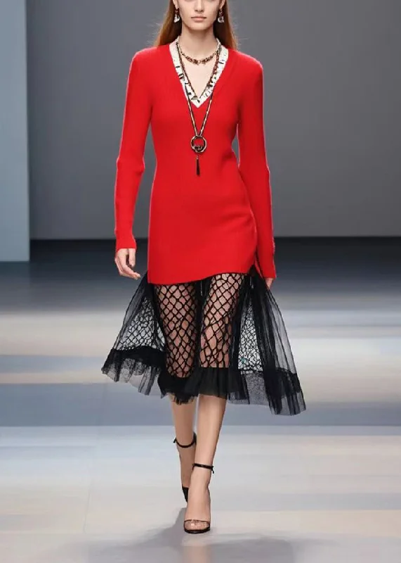 Longline Women's Mohair Sweater Dresses in a Loose FitSilm Fit Red V Neck Patchwork Tulle Sweater Dress Fall Longline Women's Mohair Sweater Dresses in a Loose FitSilm Fit Red V Neck Patchwork Tulle Sweater Dress Fall