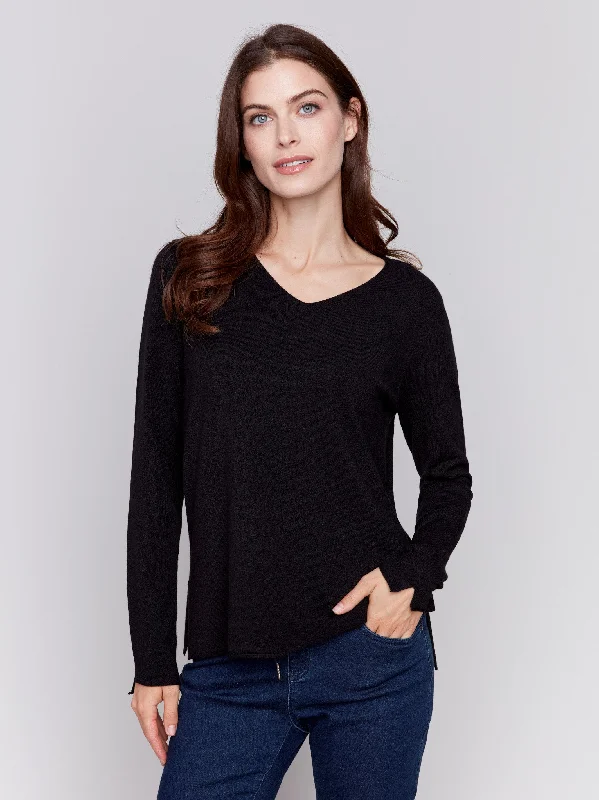 Women's Long Sleeve Turtleneck Cashmere SweatersBasic V-Neck Sweater - Black