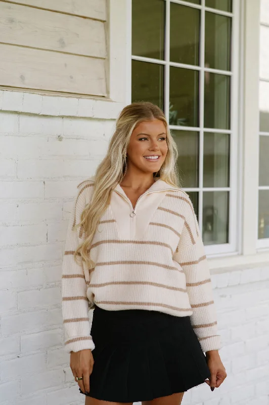 Bell - Sleeve Women's Mohair - Wool Blend SweatersStripe Quarter Zip Sweater-Cream