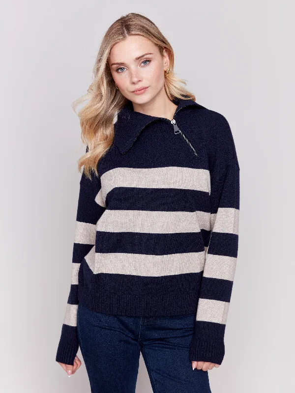 Plus Size Women's Belted Cable Knit SweatersStriped Turtleneck Sweater with Zipper Detail - Navy Plus Size Women's Belted Cable Knit SweatersStriped Turtleneck Sweater with Zipper Detail - Navy