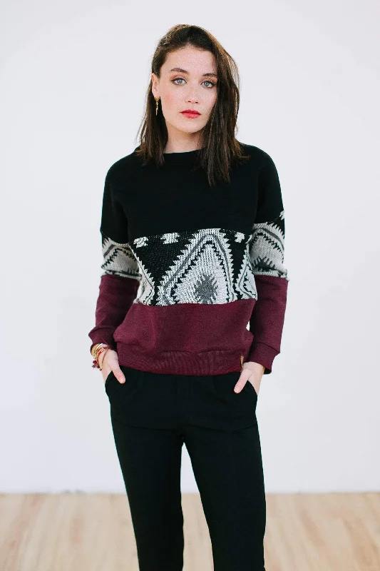 Button - Down Women's Shetland Wool Sweaters in Traditional PatternsSweater Mia Black Aztec & Dark Red