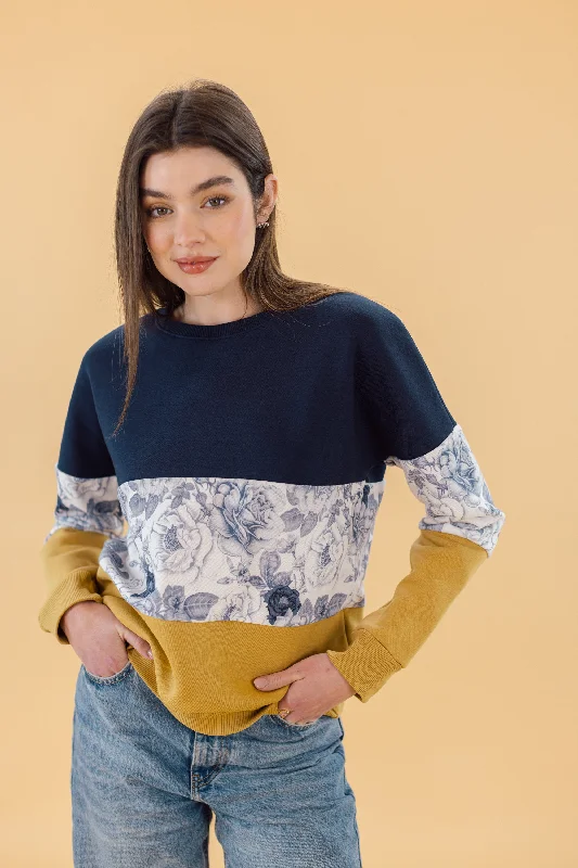 V - Neck Women's Ribbed Wool Sweaters for FallSweater Μia Blue Floral