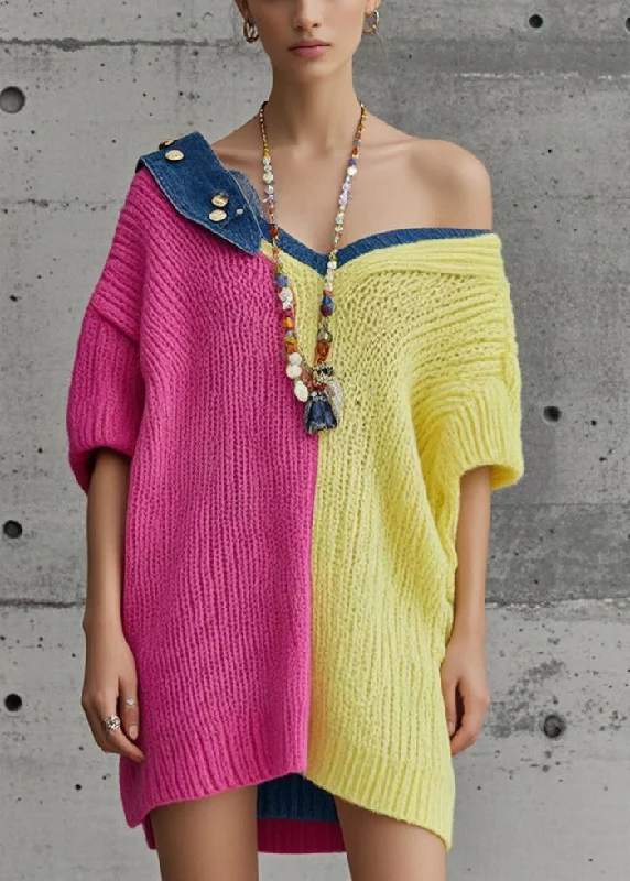 Plus Size Women's Fit - and - Flare Sweater Dresses with Ruffled HemUnique Colorblock Oversized Patchwork Denim Knit Dress Fall Plus Size Women's Fit - and - Flare Sweater Dresses with Ruffled HemUnique Colorblock Oversized Patchwork Denim Knit Dress Fall