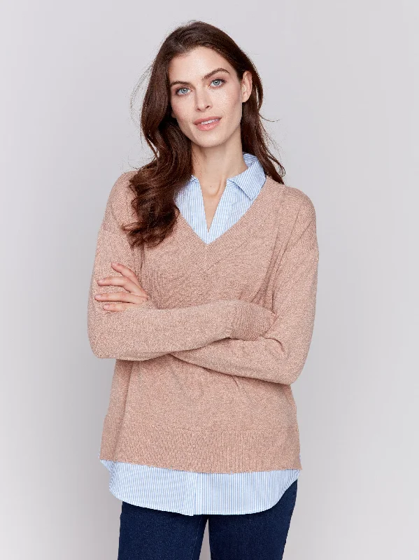 Open - Front Women's Cardigan - Style Mohair SweatersV-Neck Fooler Sweater with Shirt Collar - Caramel Open - Front Women's Cardigan - Style Mohair SweatersV-Neck Fooler Sweater with Shirt Collar - Caramel
