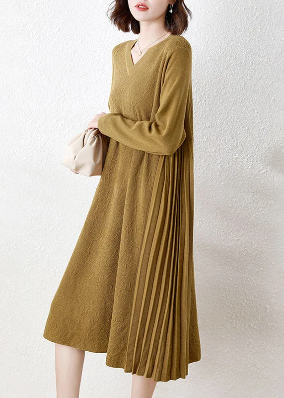 Wrap - Style Women's Lambswool Sweater Dresses in Elegant ShadesVintage Yellow V Neck Patchwork Wrinkled Woolen Long Knit Dress Long Sleeve Wrap - Style Women's Lambswool Sweater Dresses in Elegant ShadesVintage Yellow V Neck Patchwork Wrinkled Woolen Long Knit Dress Long Sleeve