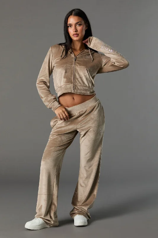 Women's long - sleeve cropped sweatshirt with ribbed cuffs for a snug fitPlayboy Rhinestone Velour Flare Pant
