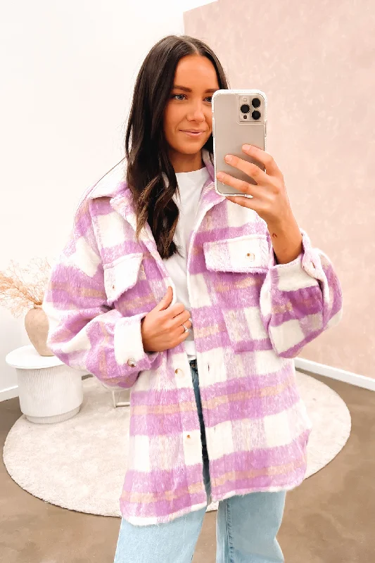 Women's denim jackets with a patchwork design for a bohemian and artsy styleChelsie Shacket Lilac White Women's denim jackets with a patchwork design for a bohemian and artsy styleChelsie Shacket Lilac White