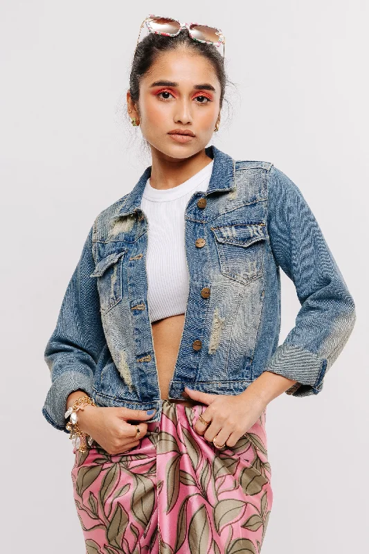 Women's military - style jackets with epaulets for a tough and fashionable appearanceClassic Ripped Indigo Denim Jacket Women's military - style jackets with epaulets for a tough and fashionable appearanceClassic Ripped Indigo Denim Jacket