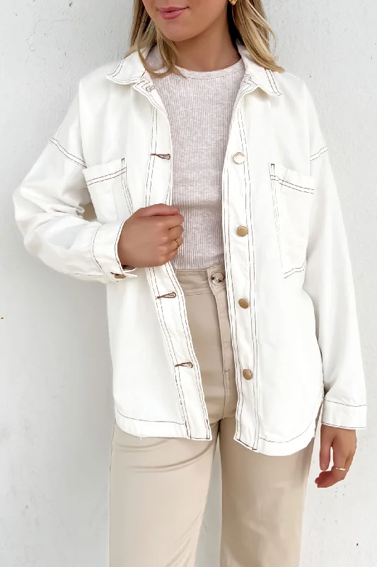 Women's cropped leather jackets with silver zippers for a punk - inspired outfitCoco Denim Shacket Vintage White Women's cropped leather jackets with silver zippers for a punk - inspired outfitCoco Denim Shacket Vintage White