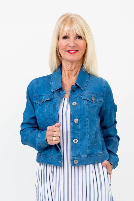 Women's bomber jackets with a holographic finish for a futuristic and eye - catching lookColleen Jacket, Tencel Denim Women's bomber jackets with a holographic finish for a futuristic and eye - catching lookColleen Jacket, Tencel Denim