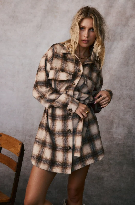 Women's cropped satin jackets in pastel shades for a glamorous evening outCrosby Mocha Plaid Shacket Dress Women's cropped satin jackets in pastel shades for a glamorous evening outCrosby Mocha Plaid Shacket Dress