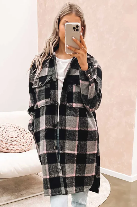 Women's faux fur - trimmed denim jackets for a trendy and cozy styleEllen Shacket Blush Check Women's faux fur - trimmed denim jackets for a trendy and cozy styleEllen Shacket Blush Check