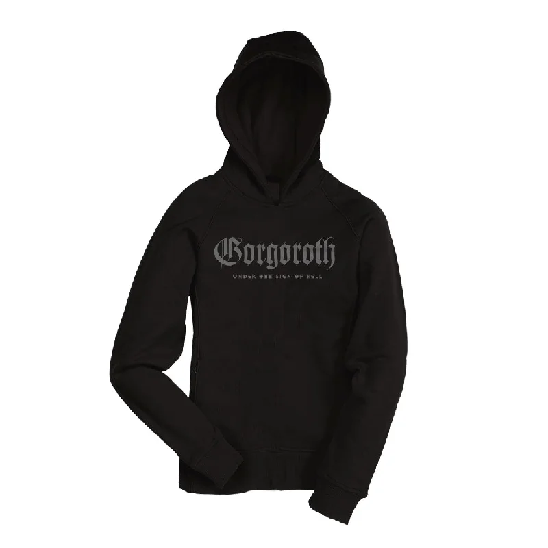 Women's hoodie with a glittery print for a glamorous and sparkly appearanceGorgoroth "Under the sign of hell (Grey print)" Pullover Hoodie Women's hoodie with a glittery print for a glamorous and sparkly appearanceGorgoroth "Under the sign of hell (Grey print)" Pullover Hoodie