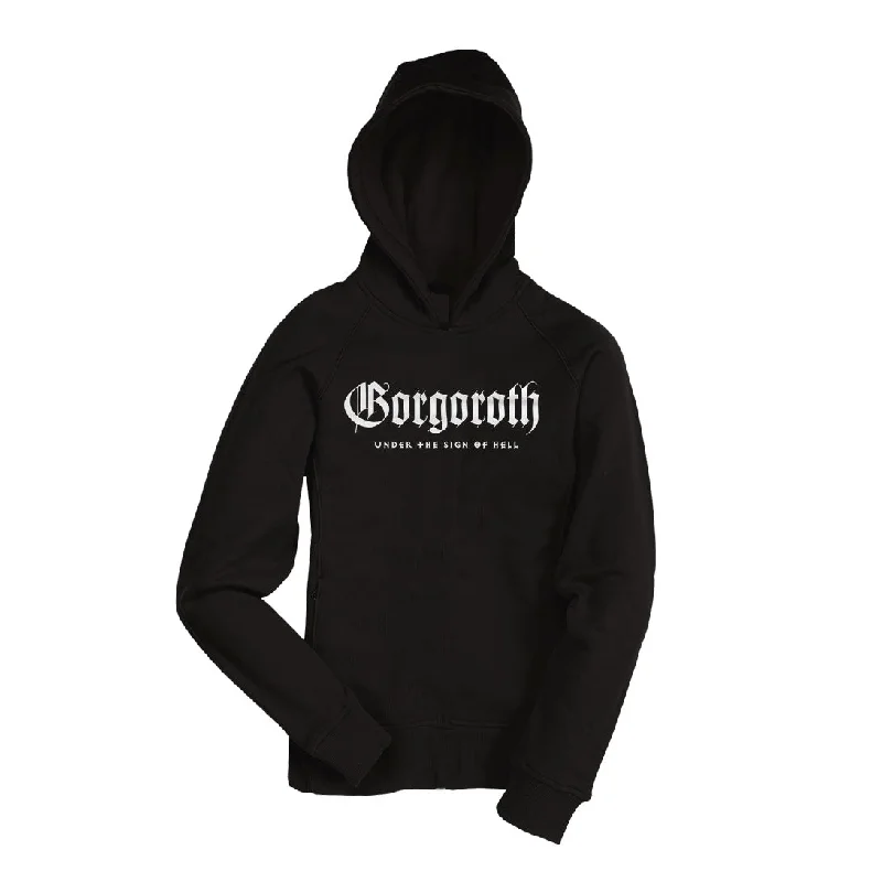 Women's mock - neck sweatshirt made of moisture - wicking material for fitness useGorgoroth "Under the sign of hell (White print)" Pullover Hoodie Women's mock - neck sweatshirt made of moisture - wicking material for fitness useGorgoroth "Under the sign of hell (White print)" Pullover Hoodie