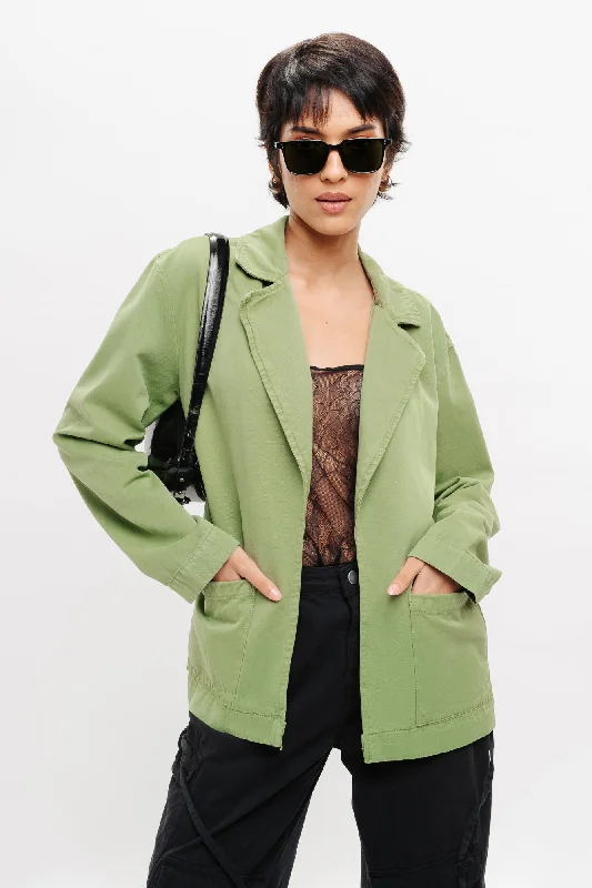 Women's faux fur - trimmed denim jackets for a trendy and cozy styleGreen Single Breasted Denim Ef. Blazer Women's faux fur - trimmed denim jackets for a trendy and cozy styleGreen Single Breasted Denim Ef. Blazer