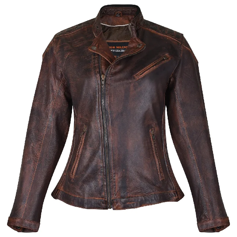 Women's denim jackets with distressed details for a casual and edgy lookHML621VB High Mileage Ladies Vintage Brown Leather Jacket with Diamond Stitched Shoulders Women's denim jackets with distressed details for a casual and edgy lookHML621VB High Mileage Ladies Vintage Brown Leather Jacket with Diamond Stitched Shoulders