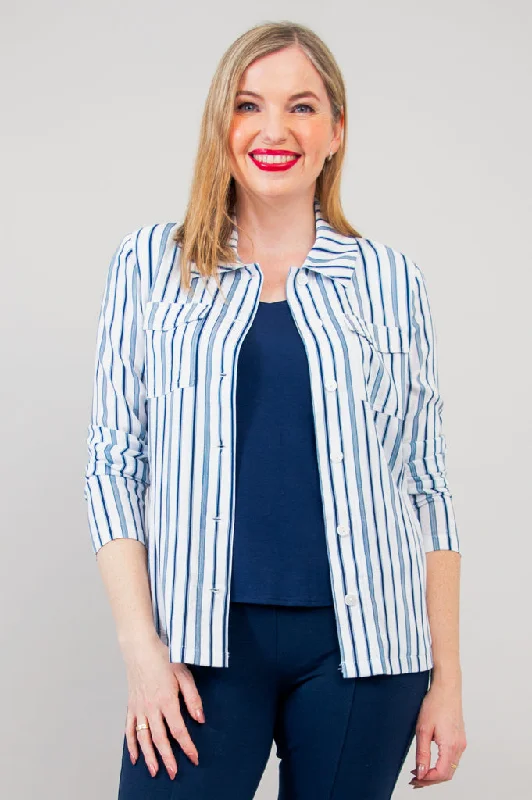 Women's faux fur - trimmed denim jackets for a trendy and cozy styleLauren Jacket, Indigo Stripe, Linen Bamboo Women's faux fur - trimmed denim jackets for a trendy and cozy styleLauren Jacket, Indigo Stripe, Linen Bamboo
