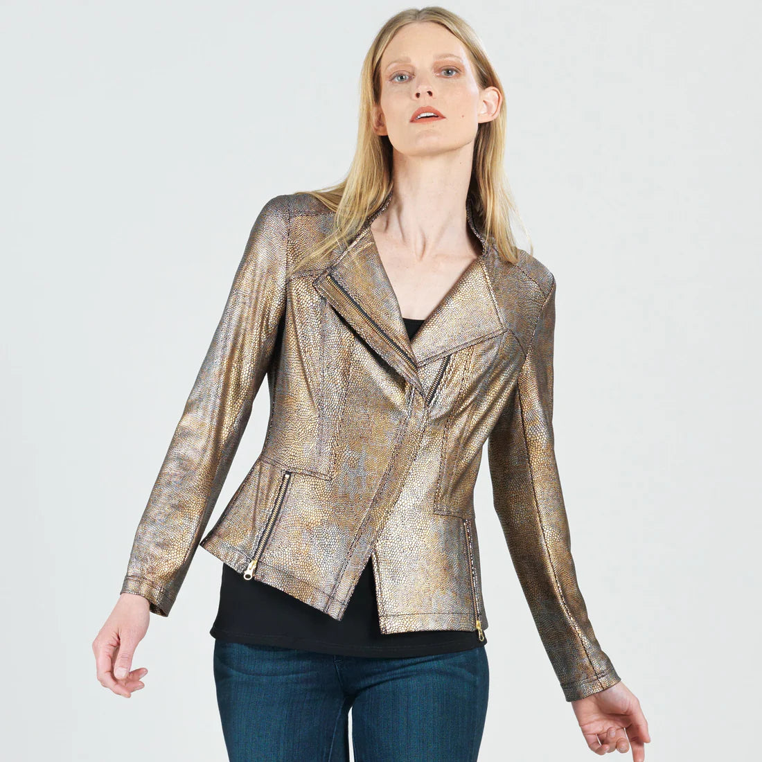 Women's bomber jackets with a holographic finish for a futuristic and eye - catching lookMetallic Liquid Leather™ Textured Signature Jacket - Copper Women's bomber jackets with a holographic finish for a futuristic and eye - catching lookMetallic Liquid Leather™ Textured Signature Jacket - Copper