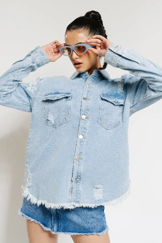 Women's moto jackets with a lace - up front for a unique and stylish touchOversized Distressed Denim Shacket Women's moto jackets with a lace - up front for a unique and stylish touchOversized Distressed Denim Shacket