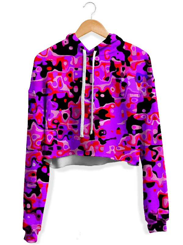 Women's hoodie with a kangaroo pocket and a pom - pom drawstring for added charmPurple Red and Black Rave Camo Melt Fleece Crop Hoodie Women's hoodie with a kangaroo pocket and a pom - pom drawstring for added charmPurple Red and Black Rave Camo Melt Fleece Crop Hoodie
