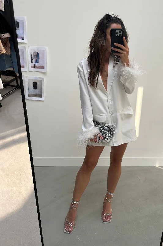 Women's cropped leather jackets with a fringe detail for a western - inspired outfitTease Me White Feather Blazer Women's cropped leather jackets with a fringe detail for a western - inspired outfitTease Me White Feather Blazer