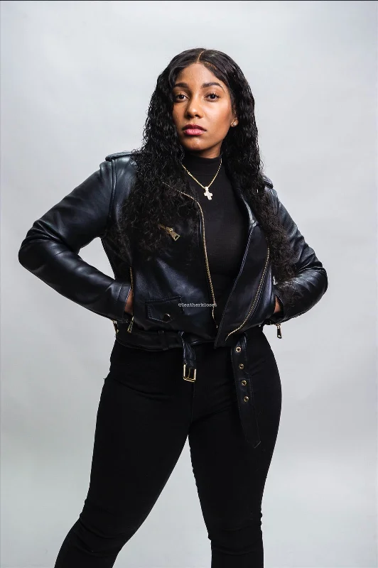 Women's cropped leather jackets with silver zippers for a punk - inspired outfitWomen's Classic Biker Black [Gold Harware]