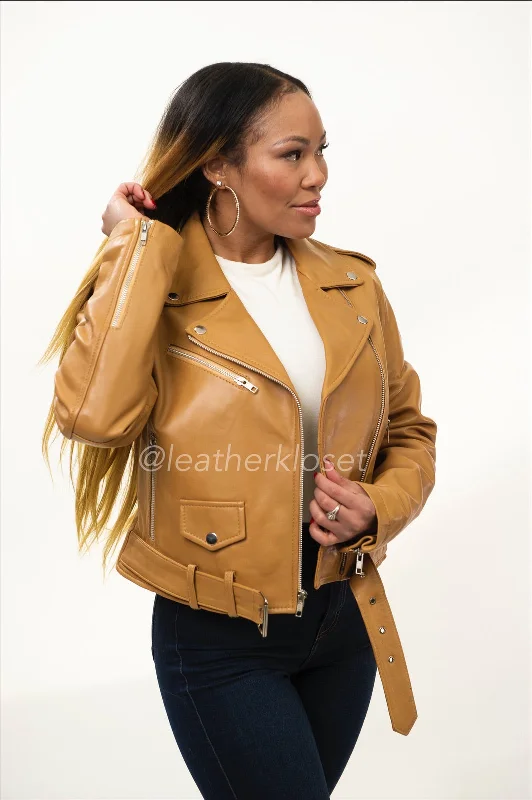Women's cropped satin jackets in pastel shades for a glamorous evening outWomen's Classic Biker Tan [Slimfit]