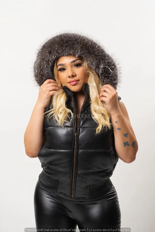 Women's denim jackets with a patchwork design for a bohemian and artsy styleWomen's Leather Bubble Vest [Black]
