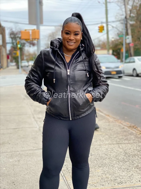 Women's bomber jackets with a holographic finish for a futuristic and eye - catching lookWomen's Leather Hoodie Jacket [Black]