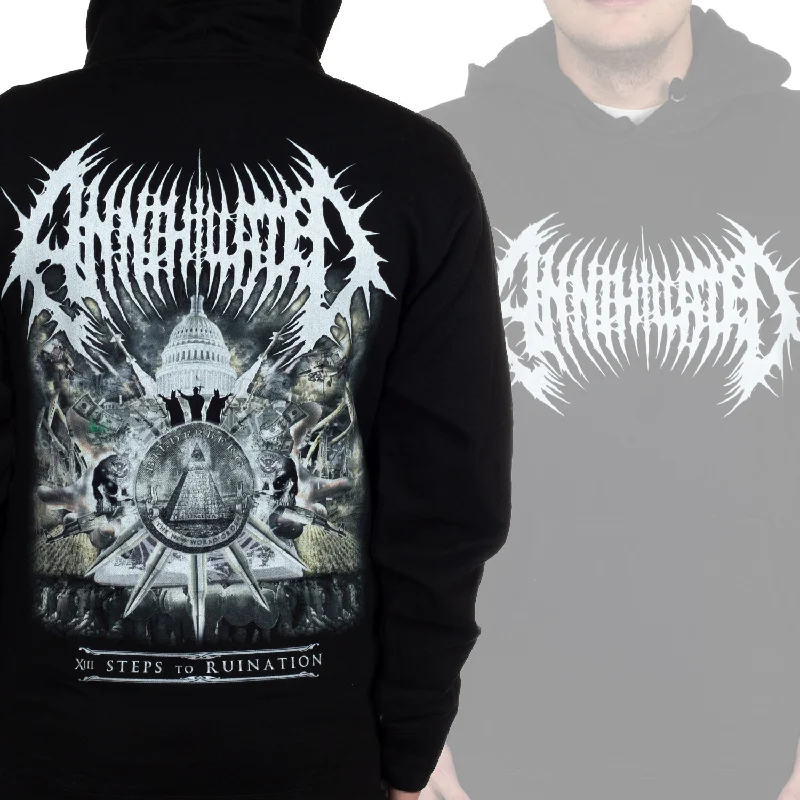 Women's cropped sweatshirt with a slogan graphic for a fun and expressive lookAnnihilated "XIII Steps to Ruination" Pullover Hoodie Women's cropped sweatshirt with a slogan graphic for a fun and expressive lookAnnihilated "XIII Steps to Ruination" Pullover Hoodie
