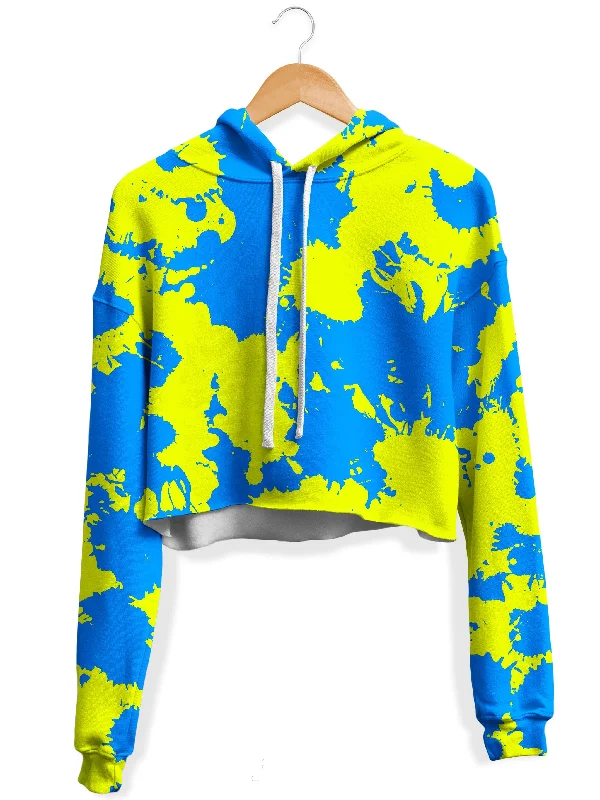 Women's pullover hoodie with a side slit for a modern and relaxed fitYellow and Blue Paint Splatter Fleece Crop Hoodie Women's pullover hoodie with a side slit for a modern and relaxed fitYellow and Blue Paint Splatter Fleece Crop Hoodie
