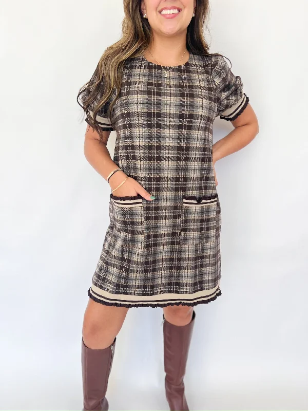 Long - Sleeve Women Dress in Velvet for a Luxurious Winter Look Long - Sleeve Women Dress in Velvet for a Luxurious Winter Look Brown Plaid Cassidy Dress