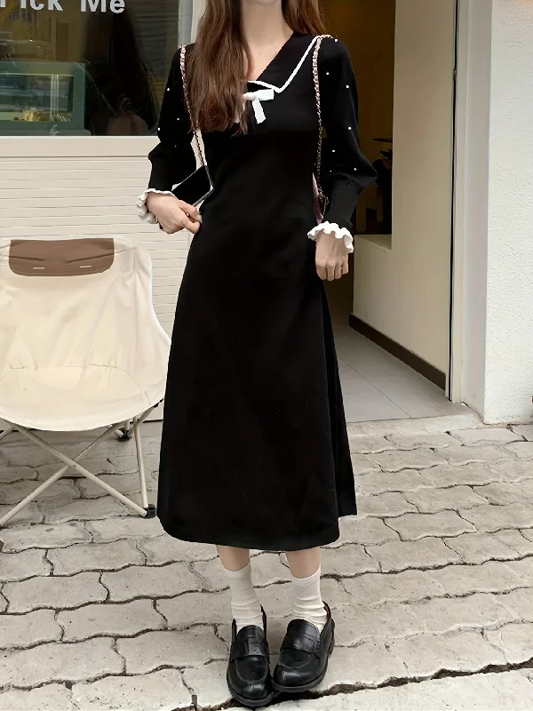Empire Waist Women Dress to Accentuate the Bust and Conceal the Waist Empire Waist Women Dress to Accentuate the Bust and Conceal the Waist Sixsr Bow Decor Collared Beaded Dress, Chic Long Sleeve A-line Midi Dress, Women's Clothing