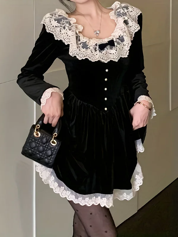 Off - the - Shoulder Women Dress for a Romantic and Feminine Look Off - the - Shoulder Women Dress for a Romantic and Feminine Look Sixsr Contrast Trim Lace Splicing Velvet Dress, Sweet Button Front Bow Decor Dress For Spring & Fall, Women's Clothing Off - the - Shoulder Women Dress for a Romantic and Feminine Look Off - the - Shoulder Women Dress for a Romantic and Feminine Look Sixsr Contrast Trim Lace Splicing Velvet Dress, Sweet Button Front Bow Decor Dress For Spring & Fall, Women's Clothing