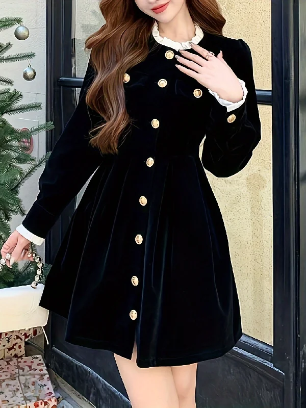 Mermaid - Style Women Dress with a Fitted Silhouette for Special Occasions Mermaid - Style Women Dress with a Fitted Silhouette for Special Occasions Sixsr Solid Button Front Waist Velvet Dress, Elegant Long Sleeve Frill Trim Dress, Women's Clothing