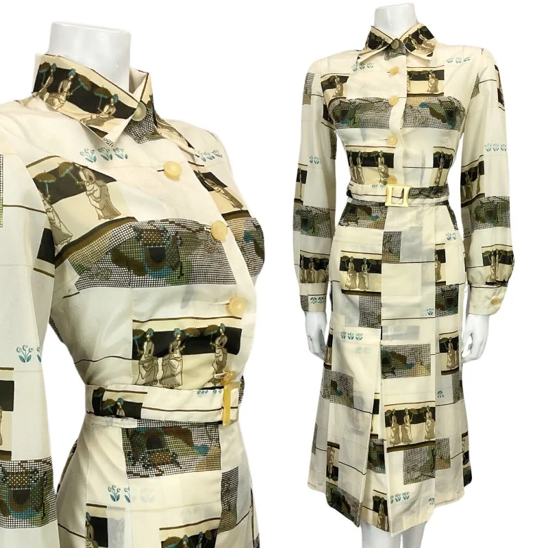 Sheath Women Dress with a Tailored Fit for a Professional Look Sheath Women Dress with a Tailored Fit for a Professional Look VINTAGE 60s 70s OFF WHITE BEIGE TAN NOVELTY PRINT BELTED MIDI MOD DRESS 12