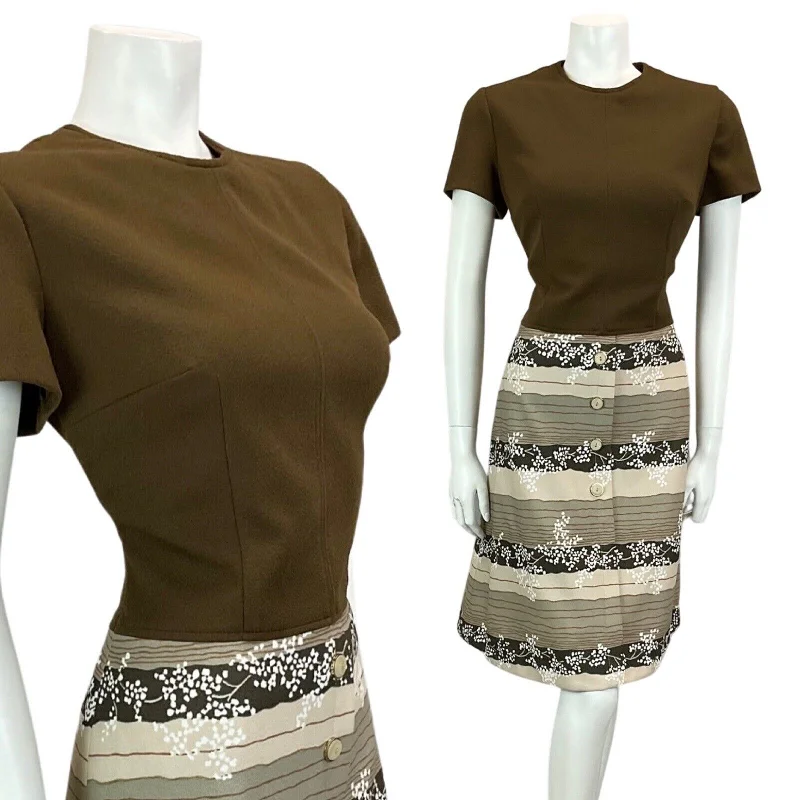 Pleated Women Dress with a Timeless and Elegant Texture Pleated Women Dress with a Timeless and Elegant Texture VTG 60S 70S BROWN BEIGE TAN STRIPED PRINT BOHO MOD MIDI DRESS 12 14
