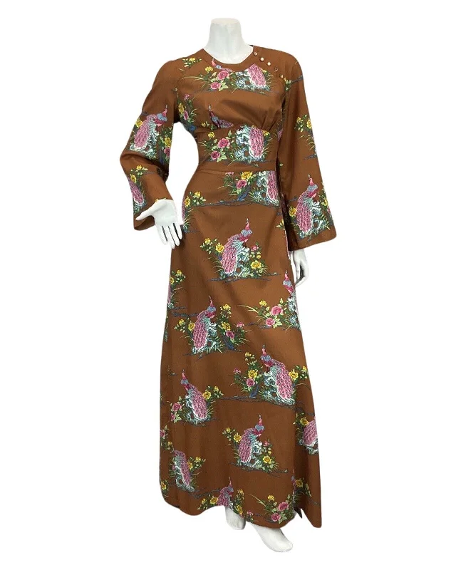 Printed Abstract Women Dress for a Modern and Artistic Appeal Printed Abstract Women Dress for a Modern and Artistic Appeal VTG 60s 70s BROWN PINK BLUE PEACOCK FLORAL PRINT BOHO FOLK MAXI DRESS 10