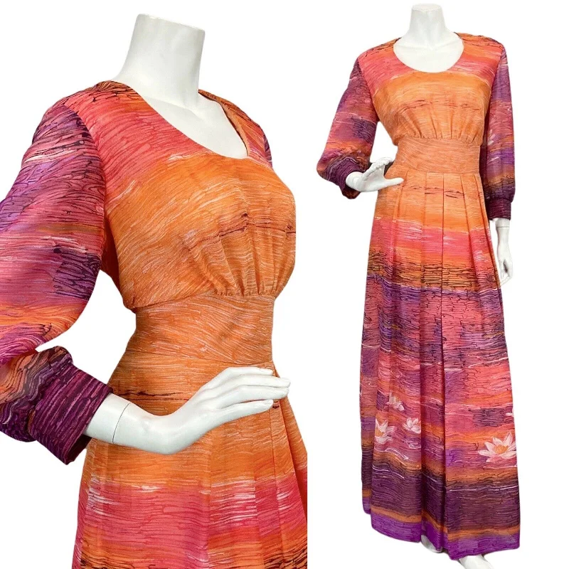 Printed Abstract Women Dress for a Modern and Artistic Appeal Printed Abstract Women Dress for a Modern and Artistic Appeal VTG 60s 70s ORANGE PINK PURPLE SUNSET FLORAL BOHO FOLK MAXI DRESS 12 14