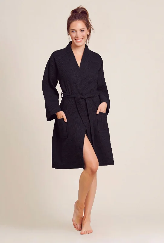 Men's robes with a ribbed cuffs and hemBlack Kimono Waffle Robe - Women's Bath SPA Robe - Lightweight Cotton & Polyester Blend Men's robes with a ribbed cuffs and hemBlack Kimono Waffle Robe - Women's Bath SPA Robe - Lightweight Cotton & Polyester Blend
