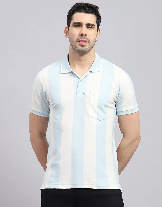 Men Blue Stripe Polo Collar Half Sleeve T-Shirt