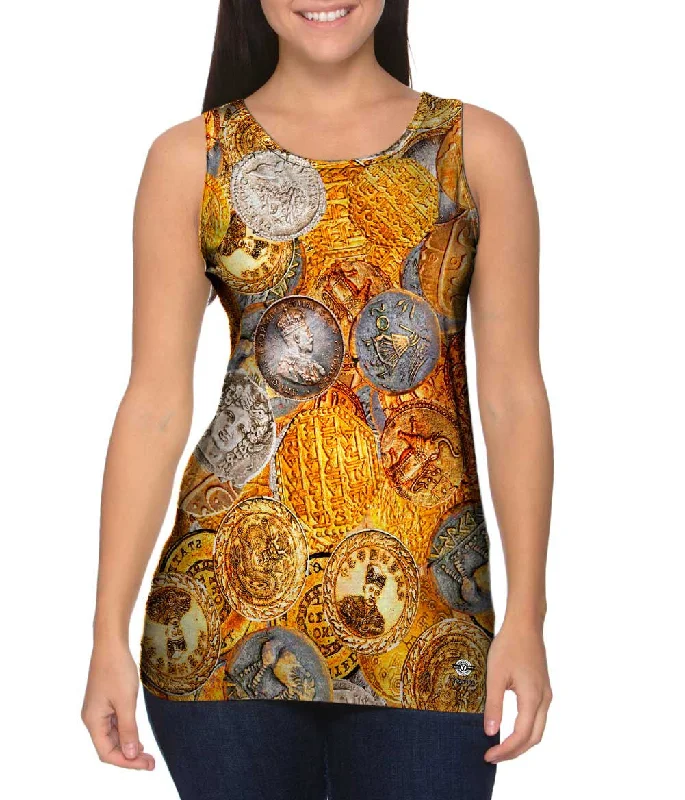 Plus Size Women's Glitter - Trimmed Tank Tops for Party Nights"Antique Coins"