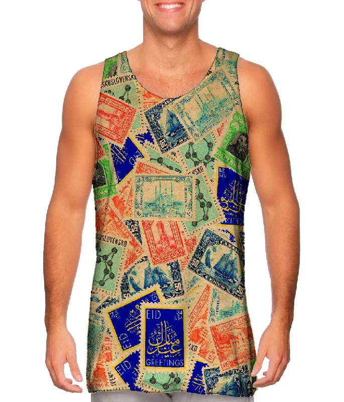 Scoop Neck Women's Linen Blend Tank Tops for Summer"Antique Stamp Collection"