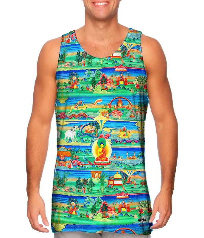 Plus Size Women's Ruffled Hem Tank Tops with Floral Prints"Bhutanese Painted Thanka of the Jataka Tales" Plus Size Women's Ruffled Hem Tank Tops with Floral Prints"Bhutanese Painted Thanka of the Jataka Tales"