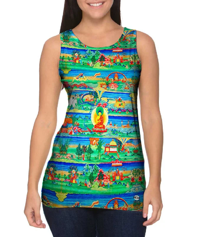 Crew Neck Women's Sustainable Tank Tops Made from Recycled Materials"Bhutanese Painted Thanka of the Jataka Tales" Crew Neck Women's Sustainable Tank Tops Made from Recycled Materials"Bhutanese Painted Thanka of the Jataka Tales"