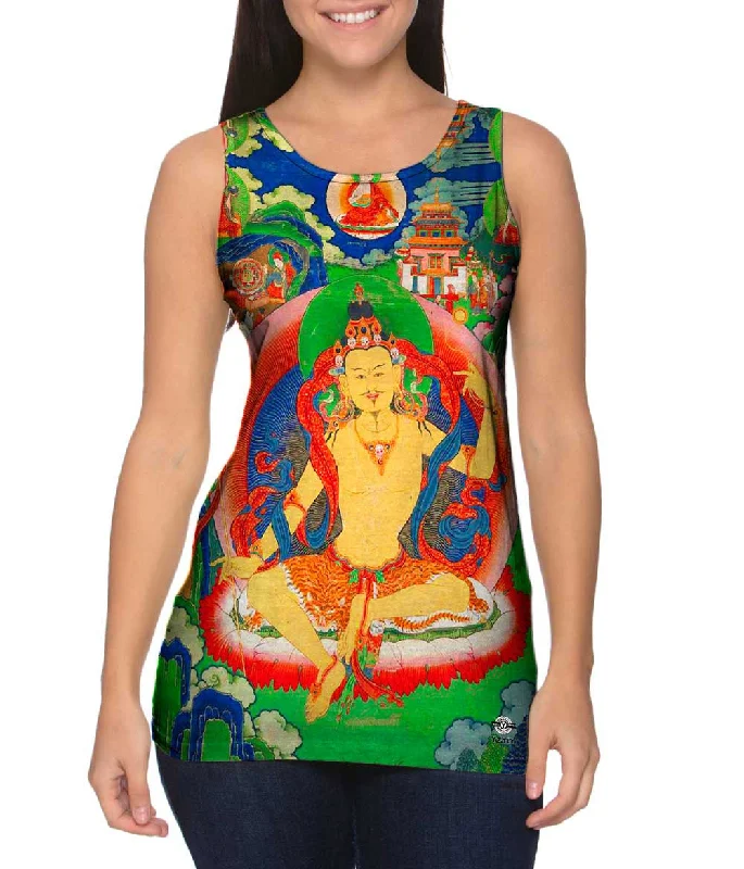 High - Neck Women's Silk Blend Tank Tops for a Luxurious Feel"Bhutanese Thanka Of Guru Nyima Ozer" High - Neck Women's Silk Blend Tank Tops for a Luxurious Feel"Bhutanese Thanka Of Guru Nyima Ozer"