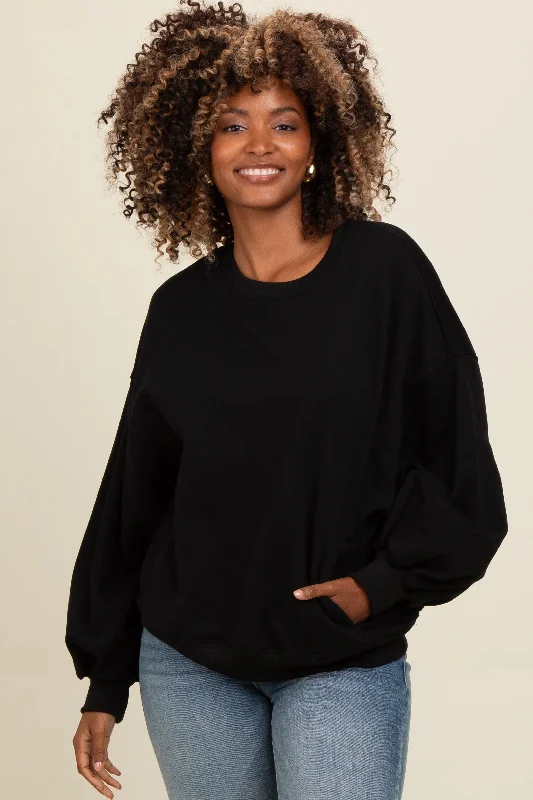 Organic Cotton Women Long Sleeve Top for Eco - Friendly ComfortBlack Oversized Balloon Sleeve Sweatshirt