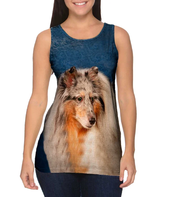 Scoop Neck Women's Linen Blend Tank Tops for SummerBlue Wallpaper Sheltie